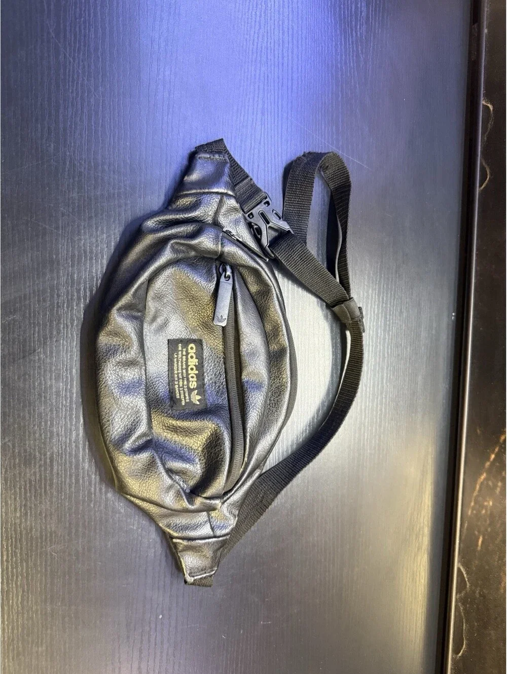Vintage Adidas Faux Leather Black Fanny Pack Waist Bag Model 9028 Trefoil